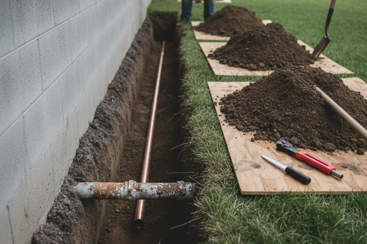 Excavated water line trench during Water Softener Installation in Elberta